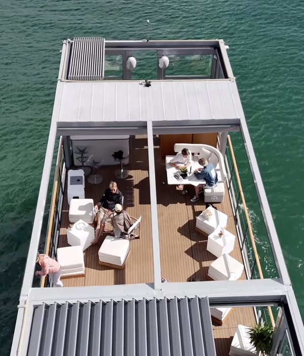 Overhead view of a floating lounge rooftop bar